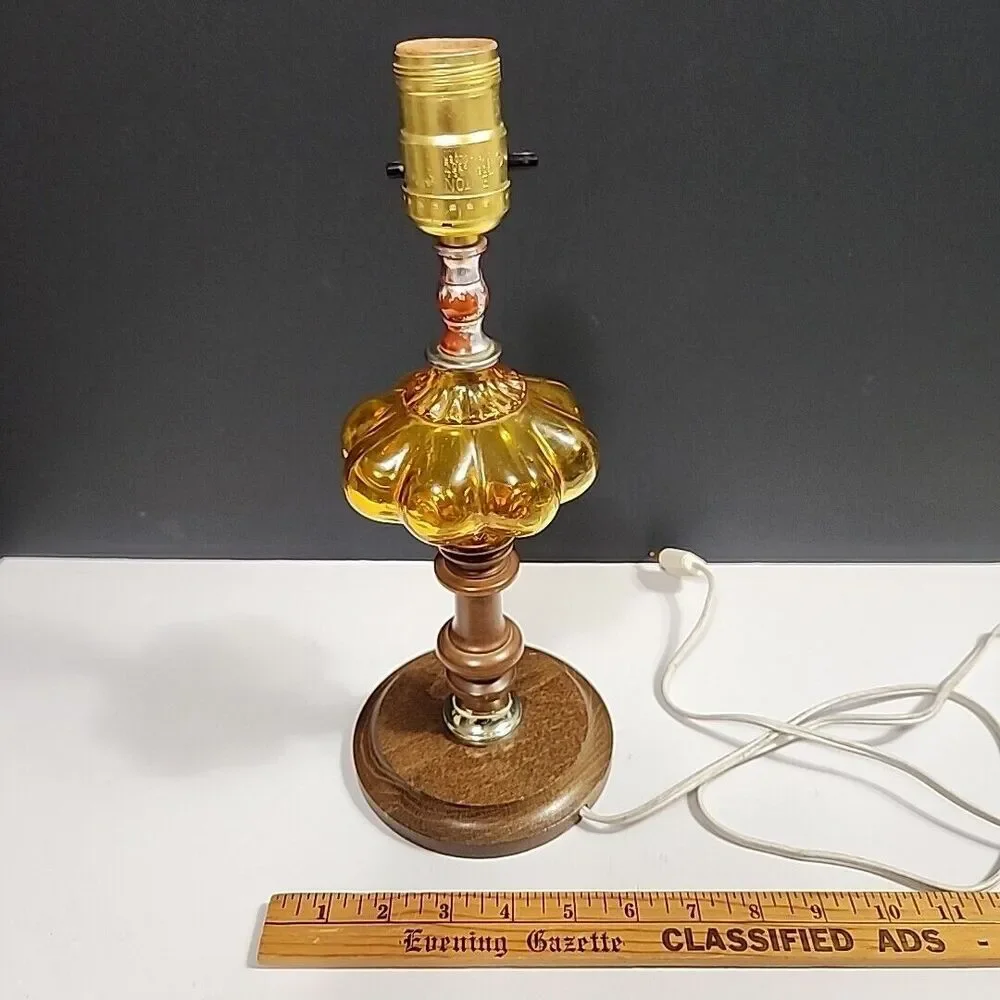 VTG Accent Table Lamp Amber Convex Bubble Glass, Wooden Base, Wood & Brass 12.5